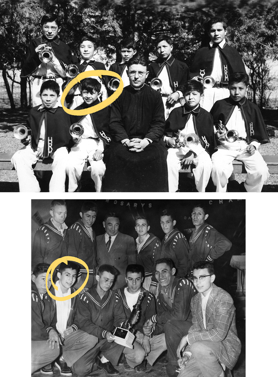 Top, Robert Strikes Lightning with other trumpet players (the priest is not the one accused of abuse) (c. 1950-55); bottom, on the boys basketball team in 1955. 
